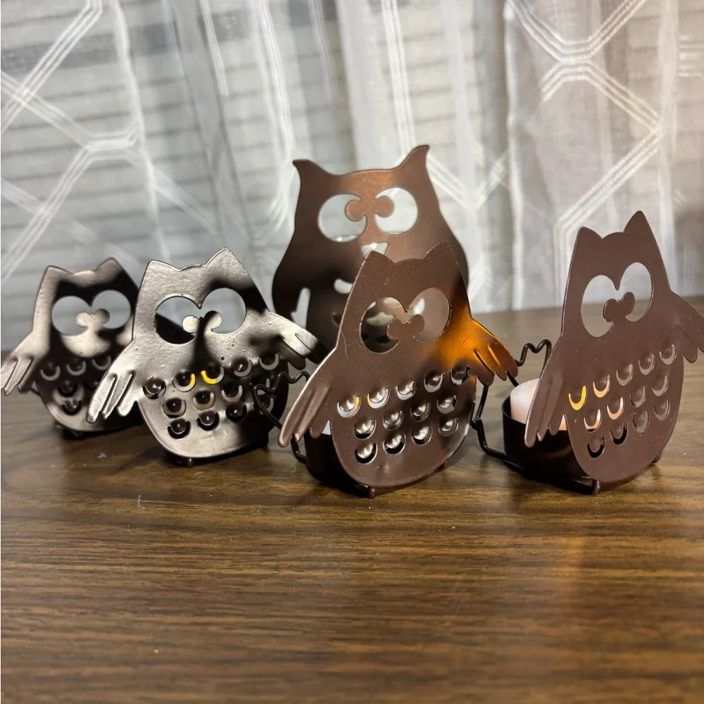 Yankee Candle Set of Metal Owl Candle Light Holders. 4 babies & Momma 3”&4”H
